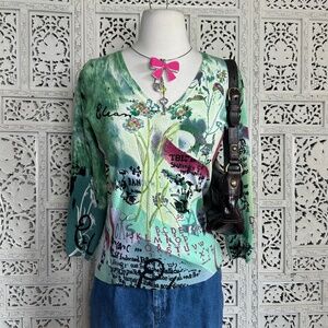 Y2K Fairy Core Artsy Sequin Beaded Colorful Graphic Sweater Blouse Sz Medium